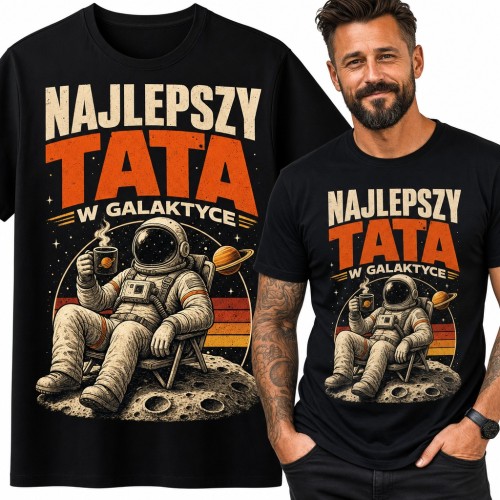 Koszulka męska „Najlepszy tata w galaktyce” - astronauta z kawą na Księżycu
