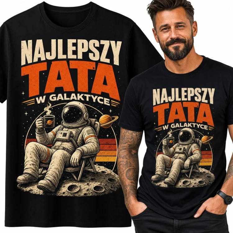 Koszulka męska „Najlepszy tata w galaktyce” - astronauta z kawą na Księżycu