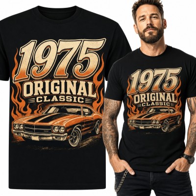 Koszulka męska na 51 urodziny „1975 Original Classic” - muscle car w płomieniach