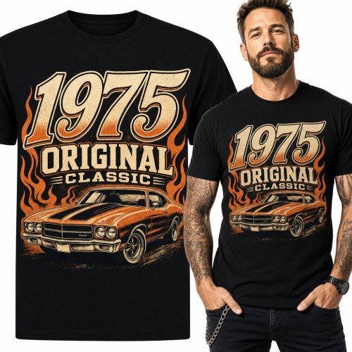 Koszulka męska na 51 urodziny „1975 Original Classic” - muscle car w płomieniach