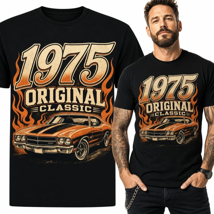 Koszulka męska na 51 urodziny „1975 Original Classic” - muscle car w płomieniach