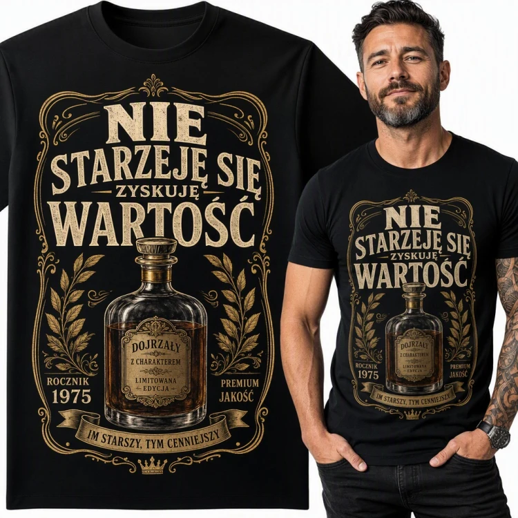 Koszulka męska na 51 urodziny „Nie starzeję się, zyskuję wartość” - whisky rocznik 1975