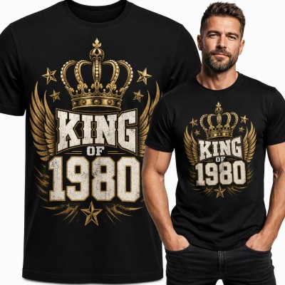 Koszulka męska na 46 urodziny „King of 1980” ze złotą koroną