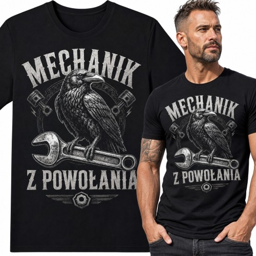 Koszulka męska „Mechanik z powołania” - kruk na kluczu i tłoki dla mechanika
