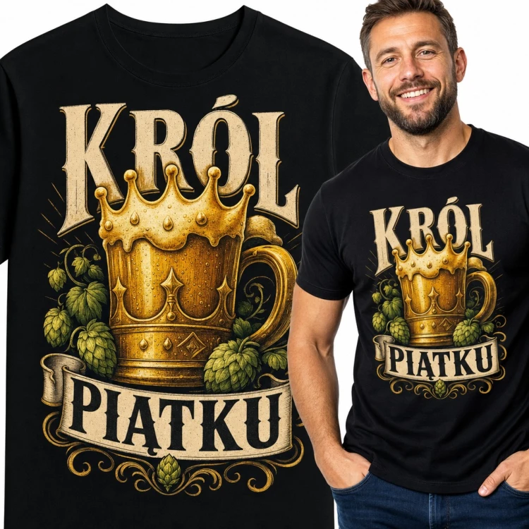 Koszulka męska „Król Piątku” - kufel piwa w koronie z chmielem dla piwosza