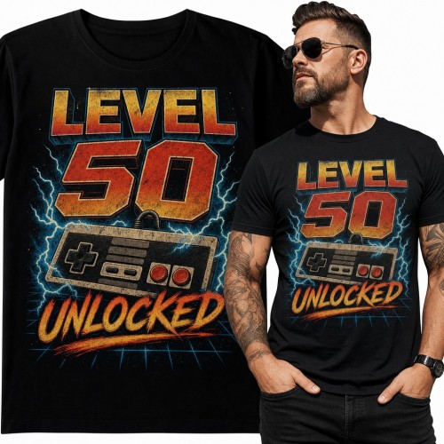Koszulka męska na 50 urodziny „Level 50 Unlocked” - retro pad dla gracza