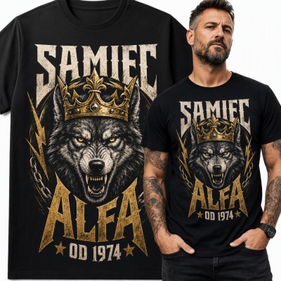 Koszulka męska „Samiec alfa od 1974” - wilk w złotej koronie na 52 urodziny