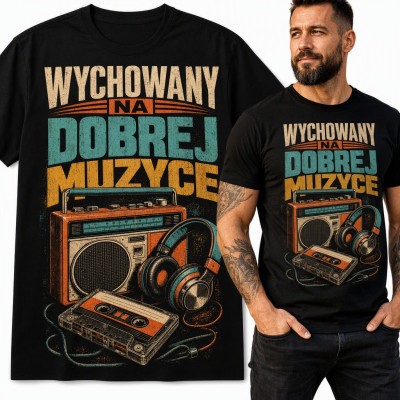 Koszulka męska „Wychowany na dobrej muzyce” - retro radiomagnetofon i kaseta
