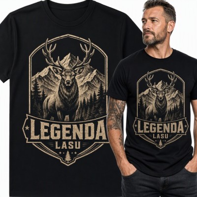 Koszulka męska „Legenda lasu” z jeleniem na tle gór - dla myśliwego