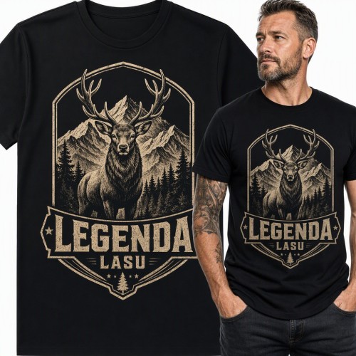 Koszulka męska „Legenda lasu” z jeleniem na tle gór - dla myśliwego