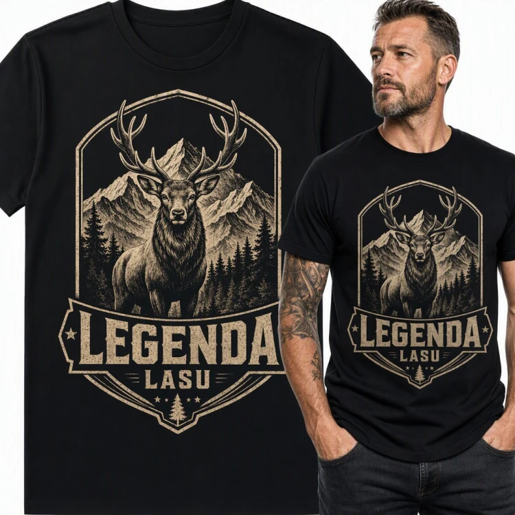 Koszulka męska „Legenda lasu” z jeleniem na tle gór - dla myśliwego
