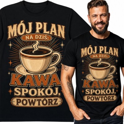 Koszulka męska „Mój plan na dziś: kawa, spokój, powtórz” z filiżanką