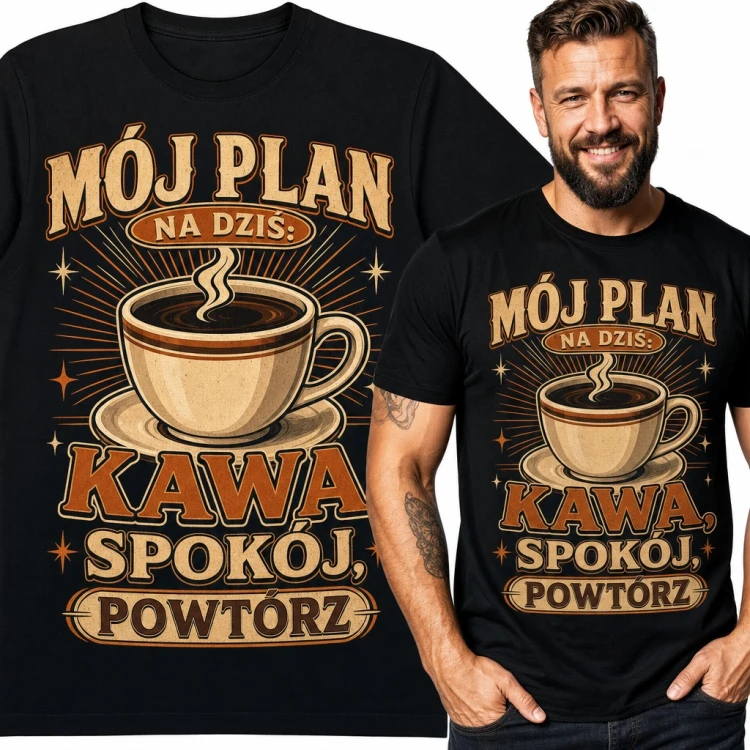 Koszulka męska „Mój plan na dziś: kawa, spokój, powtórz” z filiżanką