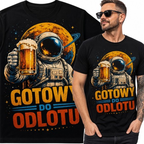 Koszulka męska „Gotowy do odlotu” - astronauta z kuflem piwa