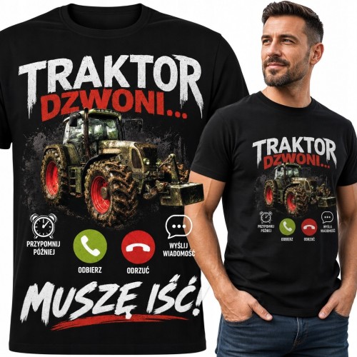Koszulka męska dla rolnika z traktorem „Traktor dzwoni... Muszę iść!” - humor rolniczy