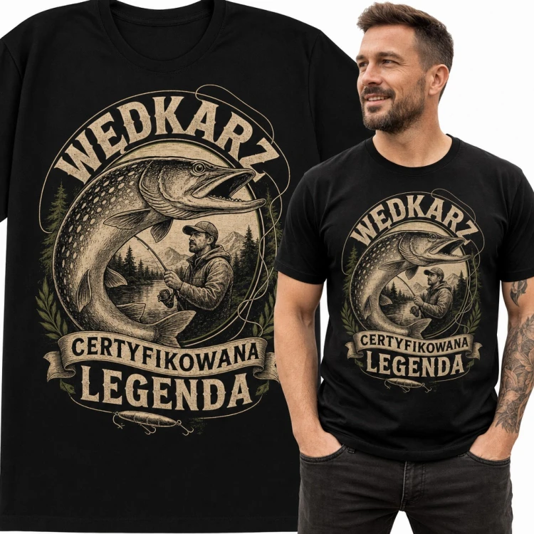 Koszulka męska „Wedkarz certyfikowana legenda” ze szczupakiem dla wędkarza