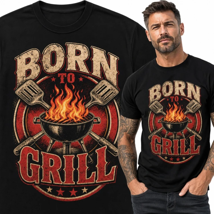 Koszulka męska „Born to Grill” - kulisty grill w ogniu i skrzyżowane łopatki