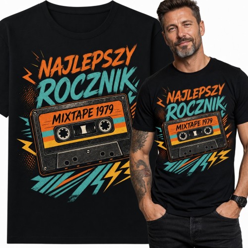 Koszulka męska „Najlepszy rocznik mixtape 1979” z kasetą na 47 urodziny