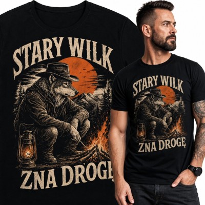 Koszulka męska „Stary wilk zna drogę” - kowboj przy ognisku w górach