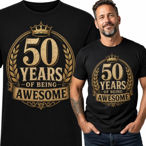 Koszulka męska na 50 urodziny „50 Years of Being Awesome” - złoty emblemat z koroną