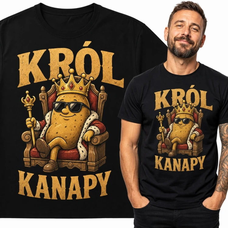 Koszulka męska „Król kanapy” - ziemniak w koronie na tronie