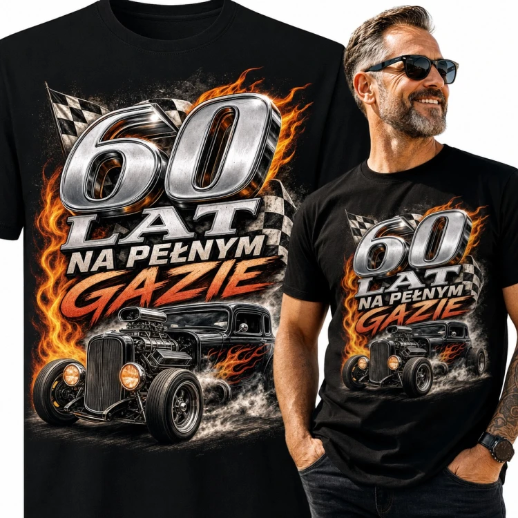 Koszulka męska na 60 urodziny „60 lat na pełnym gazie” - hot rod w płomieniach