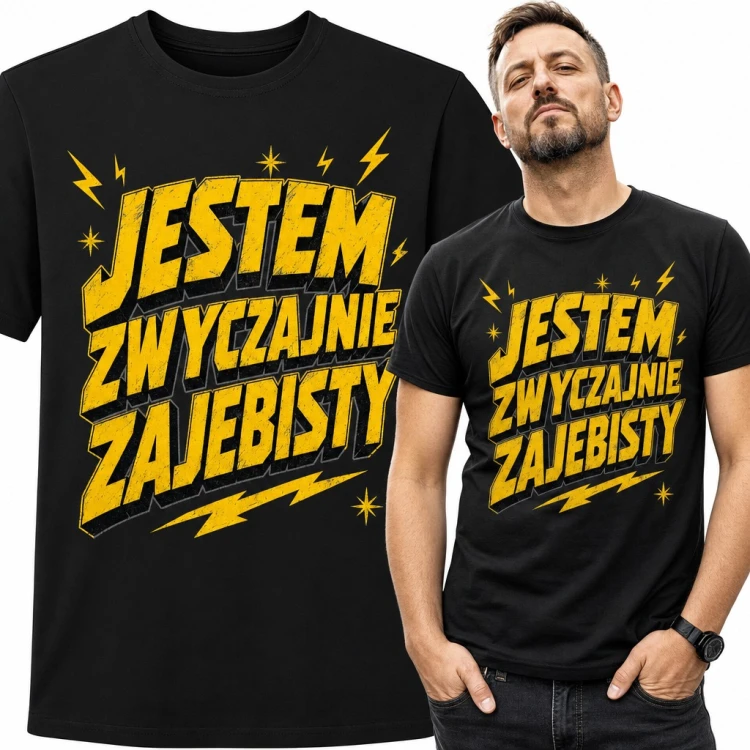 Koszulka męska „Jestem zwyczajnie zajebisty” - komiksowy napis z błyskawicami
