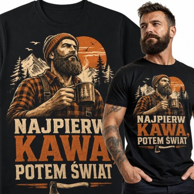 Koszulka męska „Najpierw kawa, potem świat” - drwal z kubkiem w górach