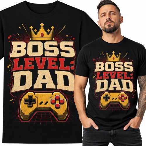 Koszulka męska „Boss Level: Dad” z padem do gier i koroną - dla taty gracza