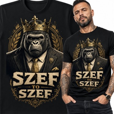Koszulka męska „Szef to szef” - goryl w złotej koronie i garniturze dla szefa