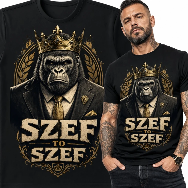 Koszulka męska „Szef to szef” - goryl w złotej koronie i garniturze dla szefa
