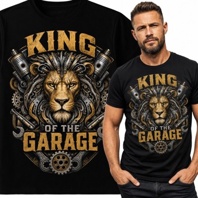 Koszulka męska „King of the Garage” - lew z tłokami i kluczami dla mechanika