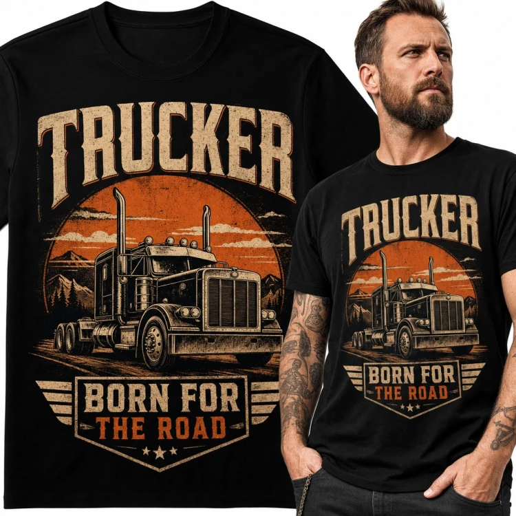 Koszulka męska „Trucker Born for the Road” - retro TIR dla kierowcy ciężarówki