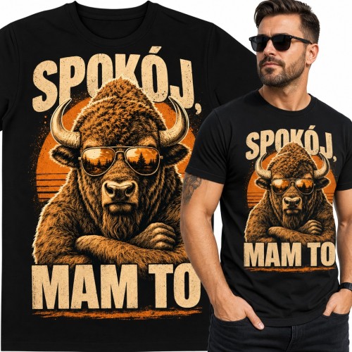 Koszulka męska „Spokój, mam to” - żubr w okularach przeciwsłonecznych