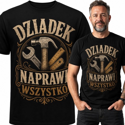 Koszulka męska „Dziadek naprawi wszystko” - młotek, klucz i miarka dla majsterkowicza