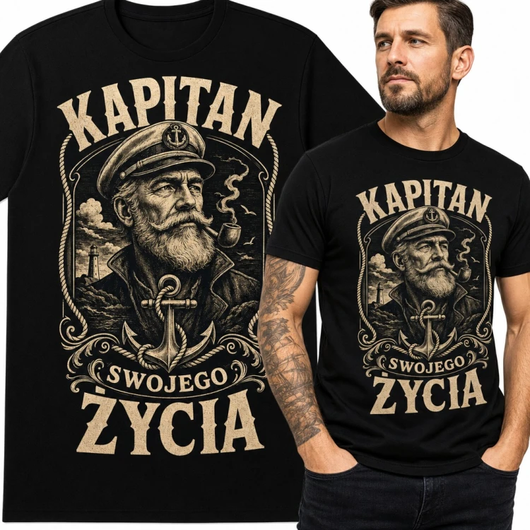 Koszulka męska „Kapitan swojego życia” - wilk morski z fajką i kotwicą