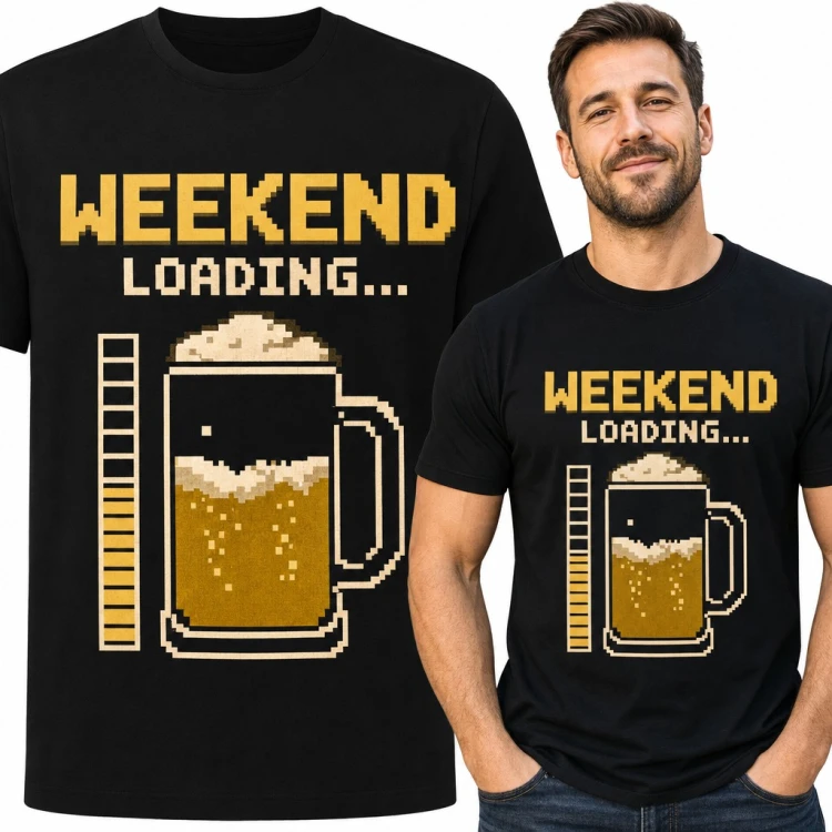 Koszulka męska „Weekend Loading...” - pikselowy kufel piwa z paskiem ładowania
