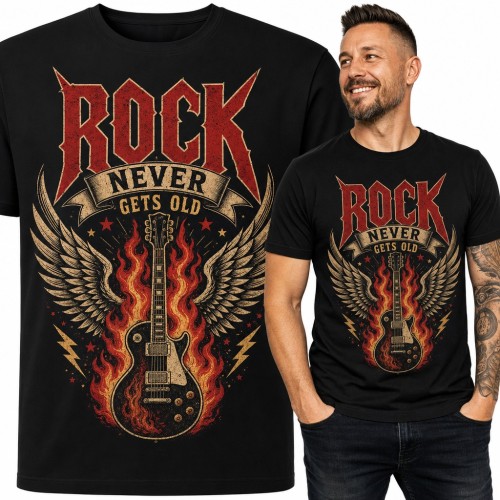 Koszulka męska „Rock Never Gets Old” - gitara elektryczna w płomieniach ze skrzydłami