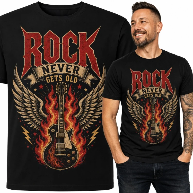 Koszulka męska „Rock Never Gets Old” - gitara elektryczna w płomieniach ze skrzydłami