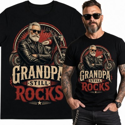 Koszulka męska „Grandpa still rocks” - dziadek motocyklista przy chopperze
