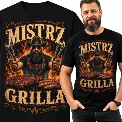 Koszulka męska „Mistrz grilla” - brodaty grillowicz w kowbojskim kapeluszu