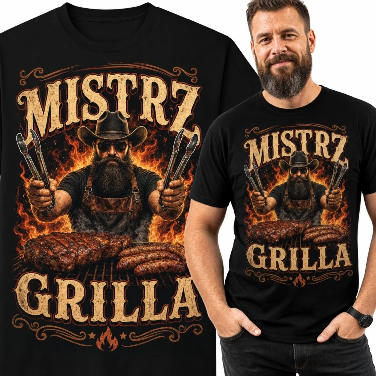 Koszulka męska „Mistrz grilla” - brodaty grillowicz w kowbojskim kapeluszu