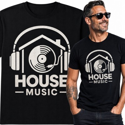 Koszulka męska „House Music” z winylem i słuchawkami - dla fana muzyki house