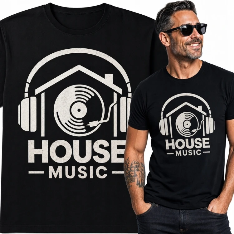 Koszulka męska „House Music” z winylem i słuchawkami - dla fana muzyki house