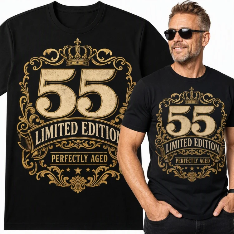 Koszulka męska na 55 urodziny „55 Limited Edition Perfectly Aged” ze złotą koroną