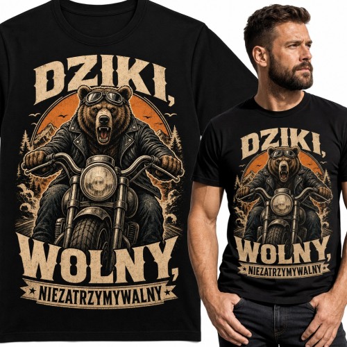 Koszulka męska niedźwiedź na motocyklu „Dziki, wolny, niezatrzymywalny” dla motocyklisty