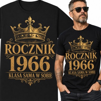 Koszulka męska na 60 urodziny ze złotą koroną - „Rocznik 1966 klasa sama w sobie”