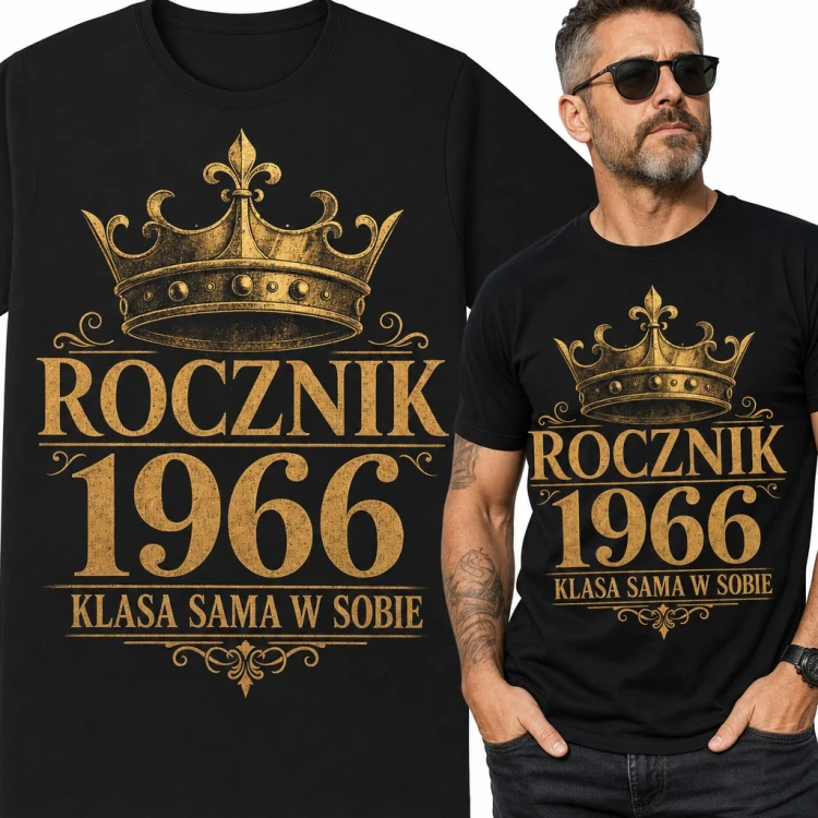 Koszulka męska na 60 urodziny ze złotą koroną - „Rocznik 1966 klasa sama w sobie”