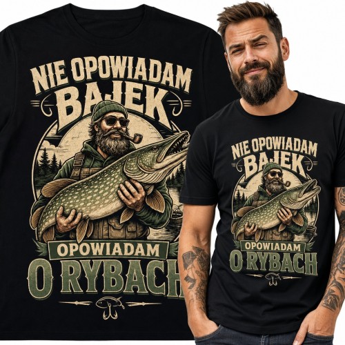 Koszulka męska „Nie opowiadam bajek, opowiadam o rybach” - wędkarz ze szczupakiem