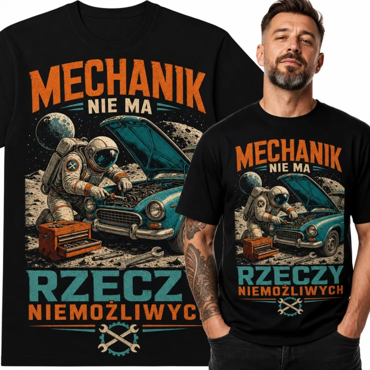 Koszulka męska dla mechanika „Mechanik nie ma rzeczy niemożliwych” - astronauta naprawiający auto na Księżycu